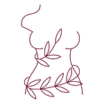 Dark red silhouette of a torso with breasts, leaves entwined around it