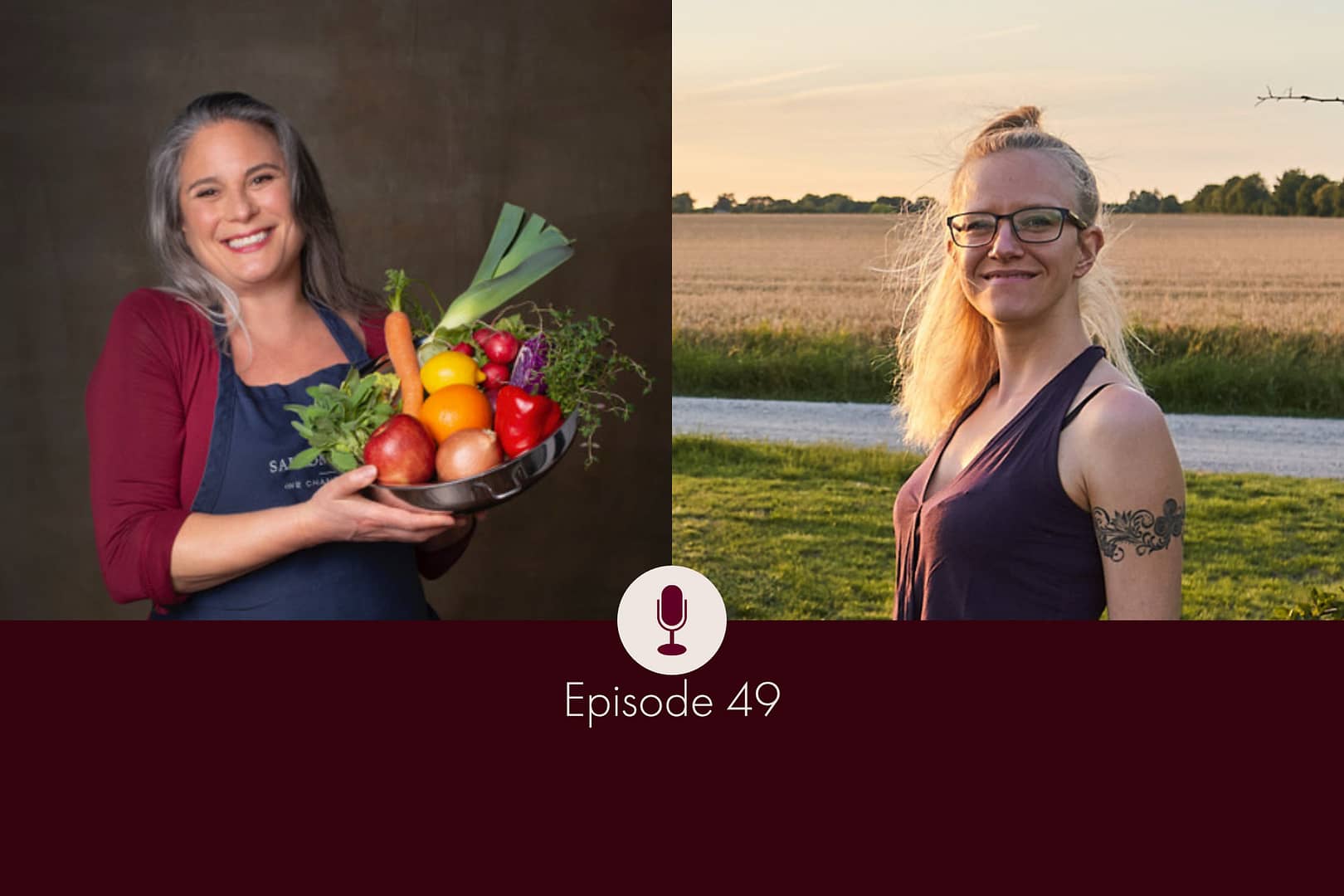 Photo of Julie Neustadter, Healthy Cooking Coach, with a bowl of fruits and vegetables in her arms, and Lisa Jara, Menstrual & Menopausal Health Specialist, confidently smiling into the camera