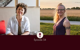 Image of Kelsey Blackwell, a black woman with curly hair in a white shirt sitting cross-legged on a living room couch, and Lisa Jara, a white woman with long, blond hair, standing in front of a field of wheat in a purple shirt